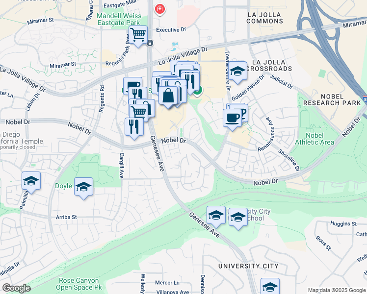 map of restaurants, bars, coffee shops, grocery stores, and more near 4435 Nobel Drive in San Diego