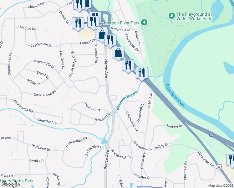 map of restaurants, bars, coffee shops, grocery stores, and more near 2553 North Pierce Circle in Macon