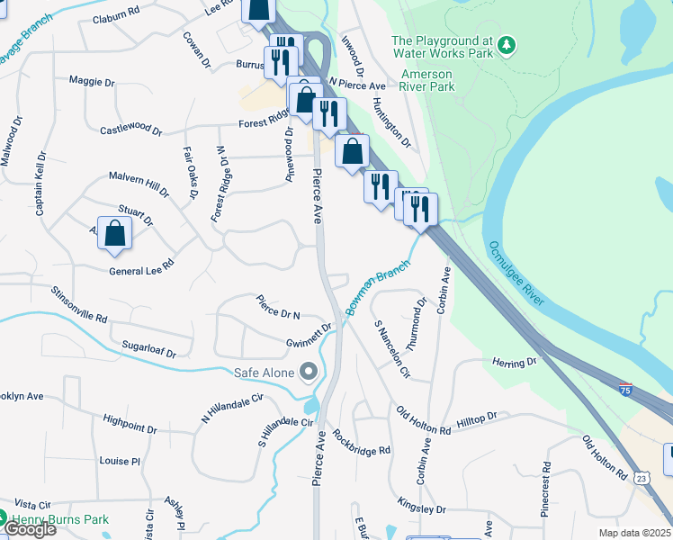 map of restaurants, bars, coffee shops, grocery stores, and more near 2553 North Pierce Circle in Macon