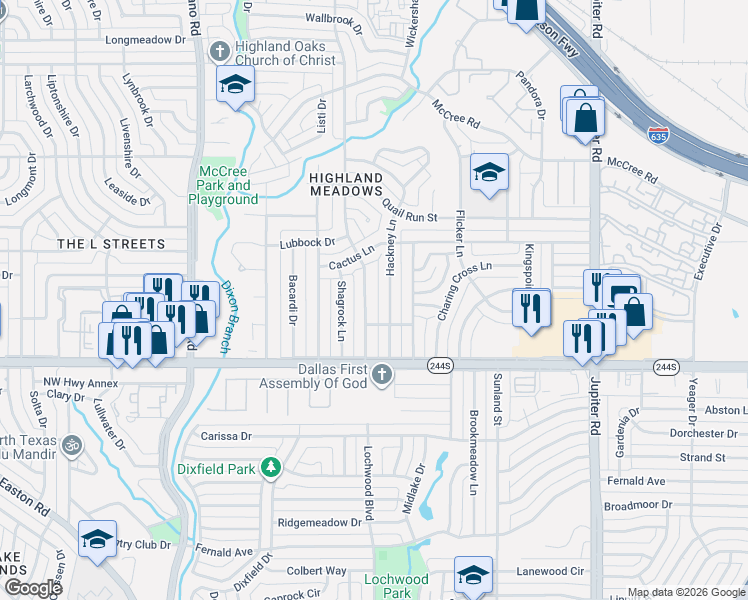 map of restaurants, bars, coffee shops, grocery stores, and more near 8629 Rolling Rock Lane in Dallas
