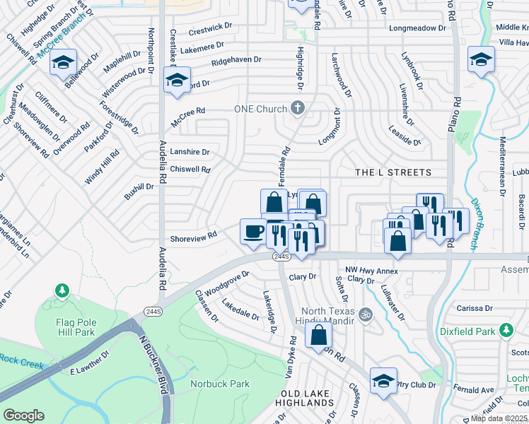 map of restaurants, bars, coffee shops, grocery stores, and more near 10163 Shoreview Road in Dallas