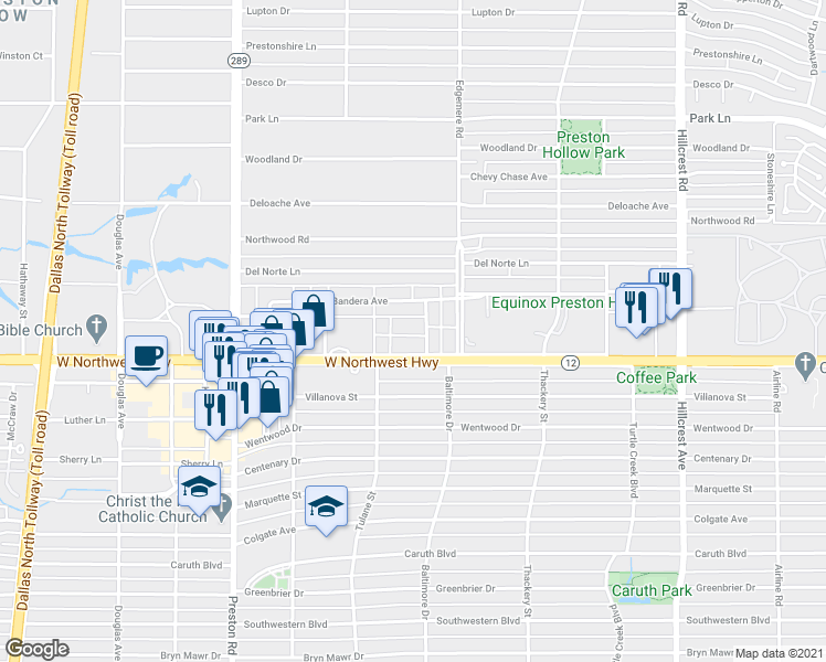 map of restaurants, bars, coffee shops, grocery stores, and more near 8528 Baltimore Drive in Dallas