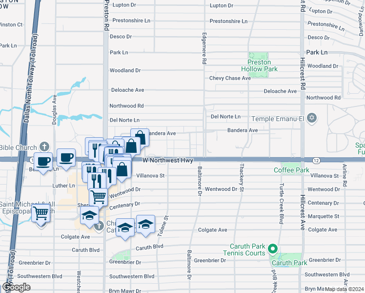 map of restaurants, bars, coffee shops, grocery stores, and more near 6333 Diamond Head Circle in Dallas