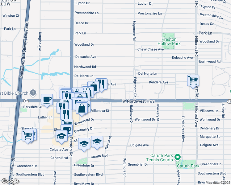 map of restaurants, bars, coffee shops, grocery stores, and more near 6333 Diamond Head Circle in Dallas