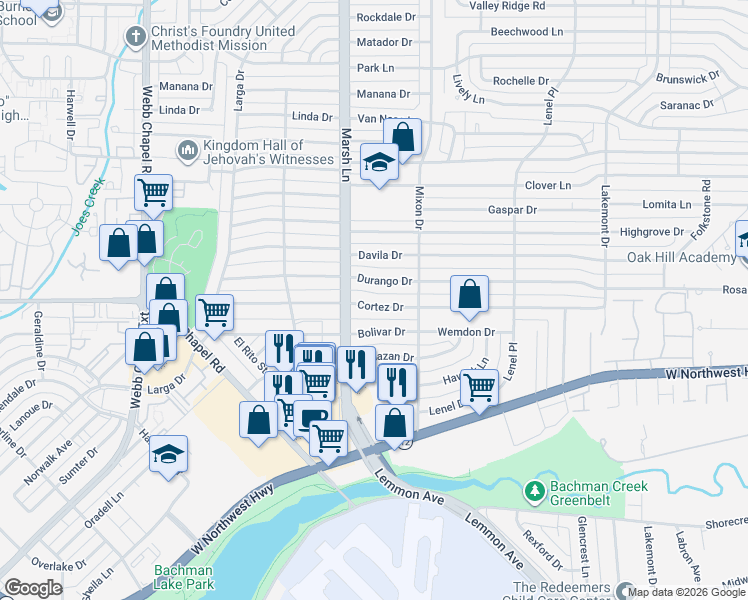 map of restaurants, bars, coffee shops, grocery stores, and more near 3723 Cortez Drive in Dallas