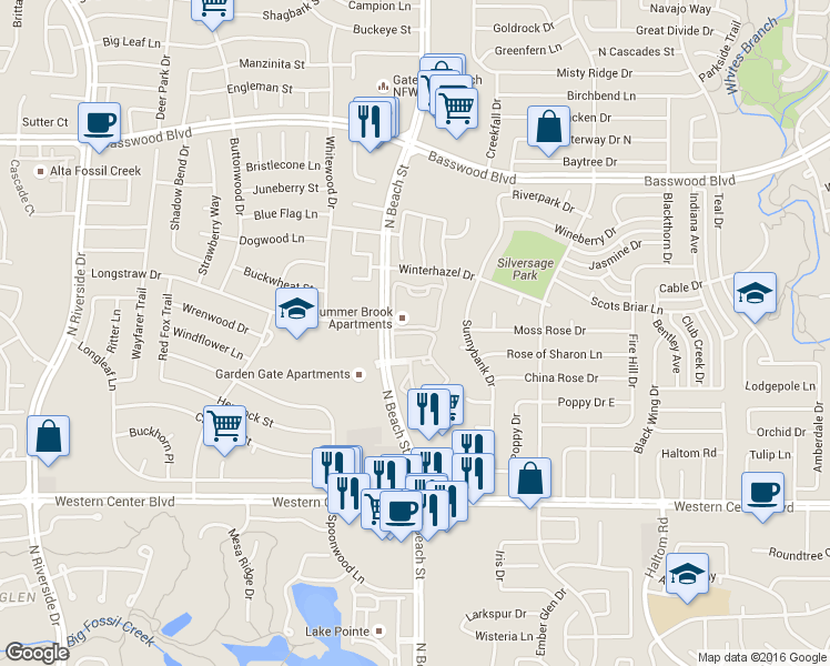 map of restaurants, bars, coffee shops, grocery stores, and more near 6721 Windwillow Drive in Fort Worth