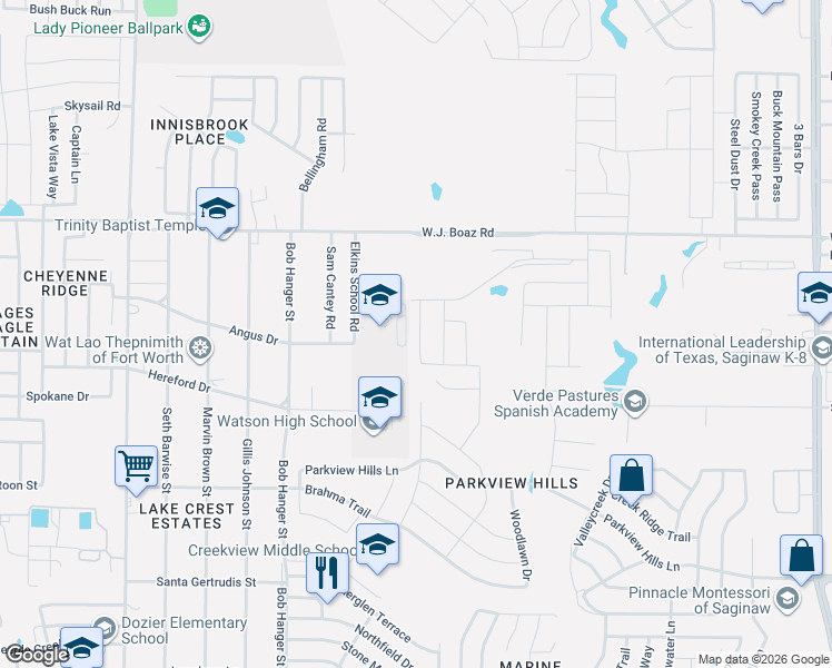 map of restaurants, bars, coffee shops, grocery stores, and more near 7250 Elkins School Road in Saginaw