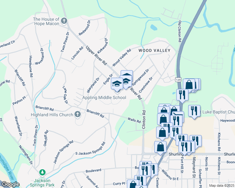 map of restaurants, bars, coffee shops, grocery stores, and more near 1646 Upper River Road in Macon