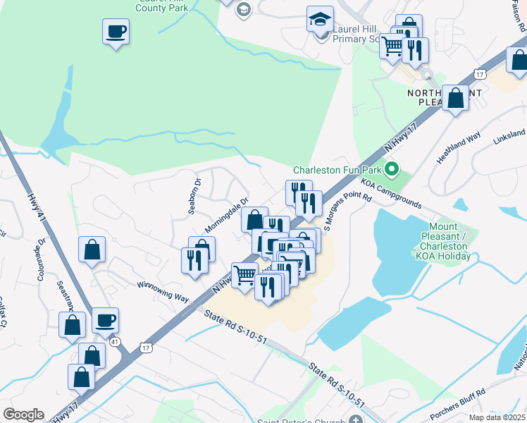 map of restaurants, bars, coffee shops, grocery stores, and more near 1219 Spotted Owl Drive in Mount Pleasant