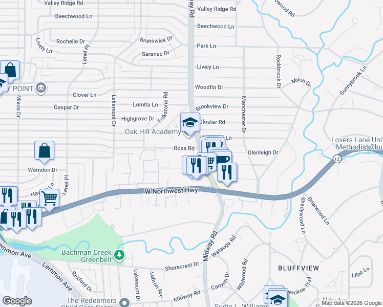 map of restaurants, bars, coffee shops, grocery stores, and more near 4184 Rosa Road in Dallas