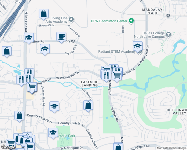 map of restaurants, bars, coffee shops, grocery stores, and more near 4420 Westminster Drive in Irving