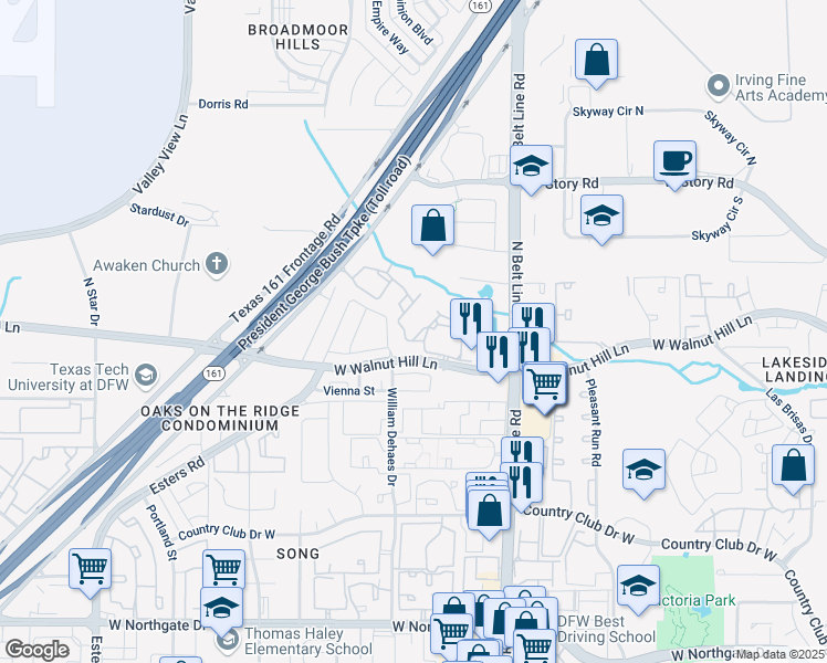 map of restaurants, bars, coffee shops, grocery stores, and more near 3549 West Walnut Hill Lane in Irving