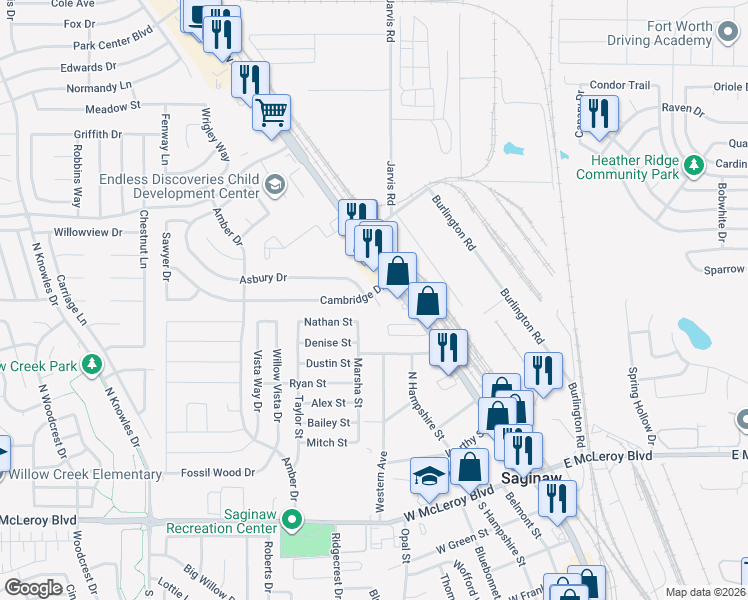 map of restaurants, bars, coffee shops, grocery stores, and more near 125 Cambridge Drive in Saginaw