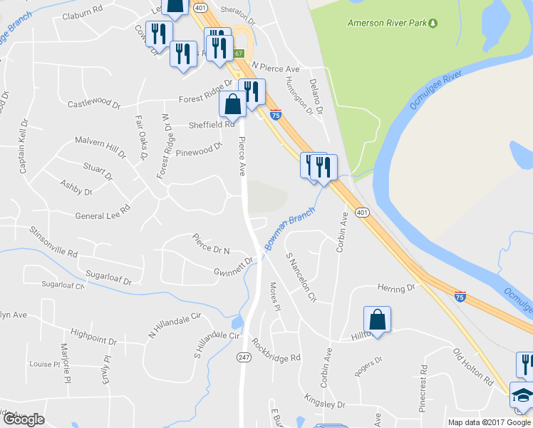 map of restaurants, bars, coffee shops, grocery stores, and more near 2553 N Pierce Cir in Macon