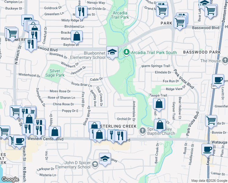 map of restaurants, bars, coffee shops, grocery stores, and more near 6967 Chaco Trail in Fort Worth