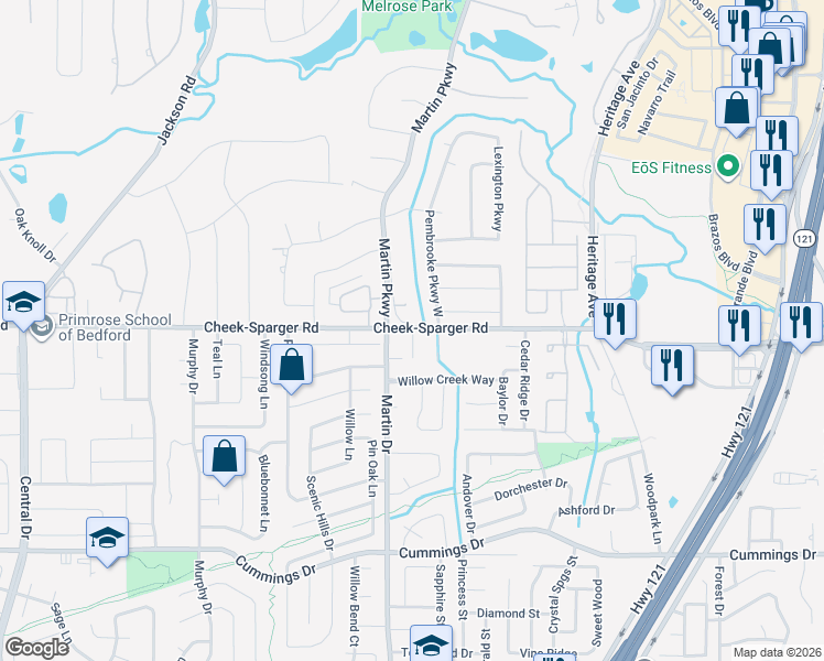 map of restaurants, bars, coffee shops, grocery stores, and more near 4032 Westmont Ct in Bedford