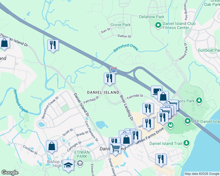 map of restaurants, bars, coffee shops, grocery stores, and more near 160 Fairchild Street in Charleston