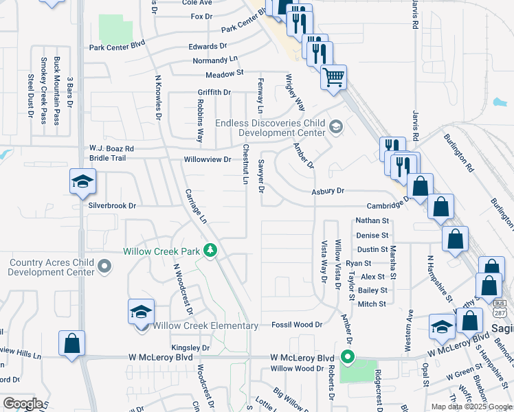 map of restaurants, bars, coffee shops, grocery stores, and more near 601 Sawyer Drive in Saginaw