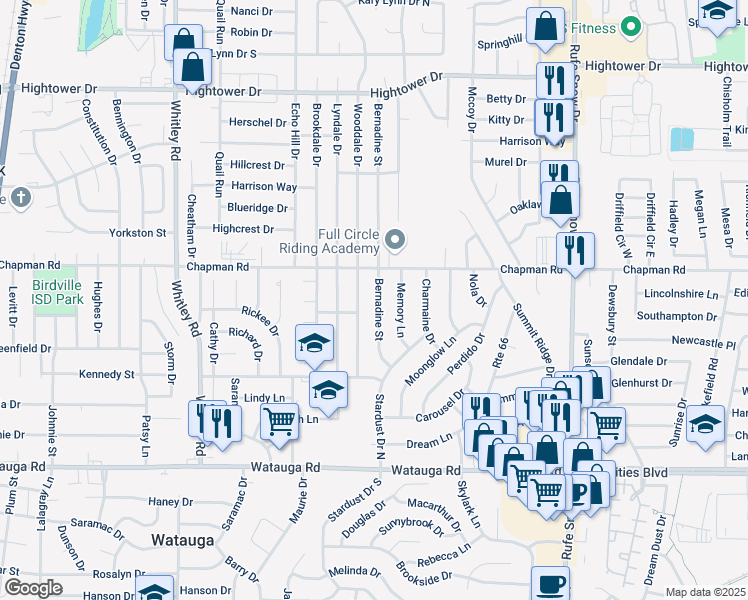 map of restaurants, bars, coffee shops, grocery stores, and more near 6605 Bernadine Street in Watauga