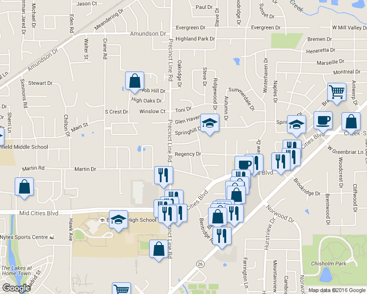 map of restaurants, bars, coffee shops, grocery stores, and more near 741 Spring Valley Drive in Hurst