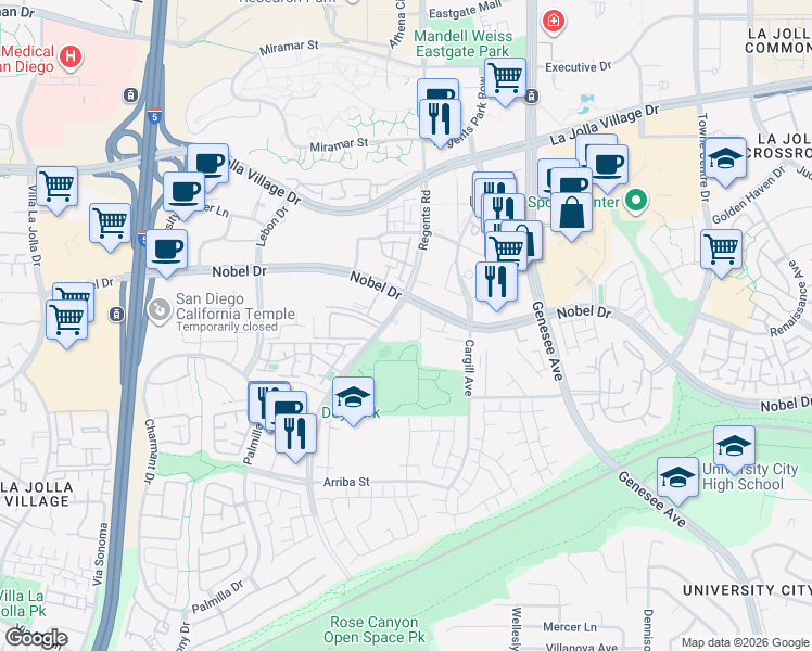 map of restaurants, bars, coffee shops, grocery stores, and more near 8465 Regents Road in San Diego
