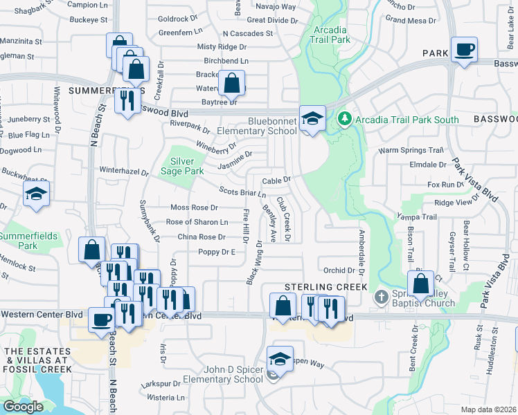 map of restaurants, bars, coffee shops, grocery stores, and more near 7005 Bentley Avenue in Fort Worth