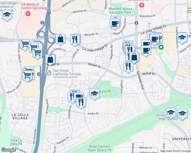 map of restaurants, bars, coffee shops, grocery stores, and more near 8310 Regents Road in San Diego