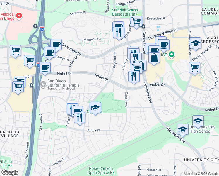 map of restaurants, bars, coffee shops, grocery stores, and more near 8465 Regents Road in San Diego
