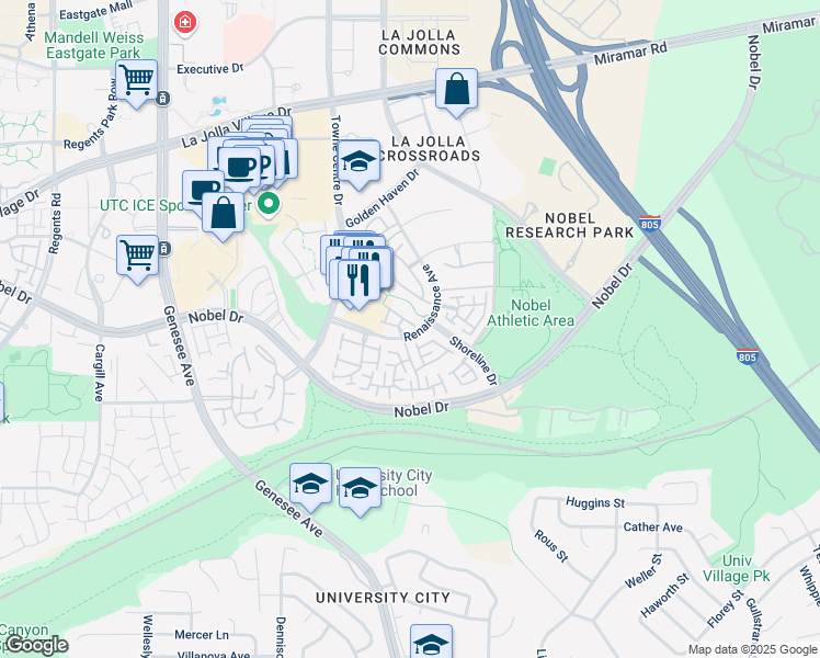 map of restaurants, bars, coffee shops, grocery stores, and more near 5212 Renaissance Avenue in San Diego