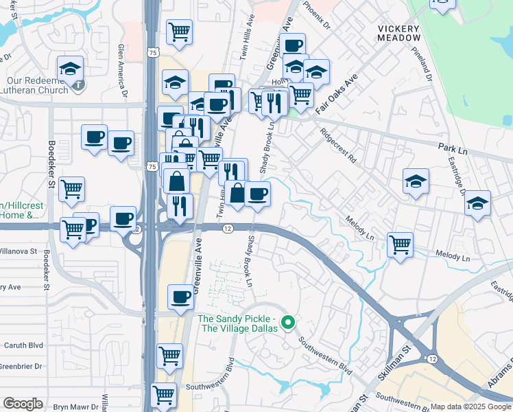 map of restaurants, bars, coffee shops, grocery stores, and more near Shady Brook Ln & Blackwell St in Dallas
