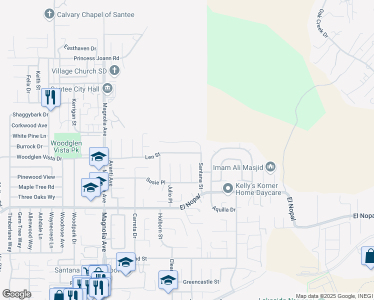 map of restaurants, bars, coffee shops, grocery stores, and more near 10828 Len Street in Santee