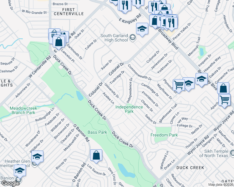 map of restaurants, bars, coffee shops, grocery stores, and more near 3934 University Drive in Garland