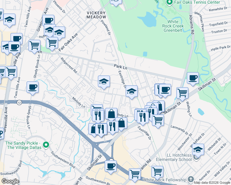 map of restaurants, bars, coffee shops, grocery stores, and more near 6431 Ridgecrest Road in Dallas
