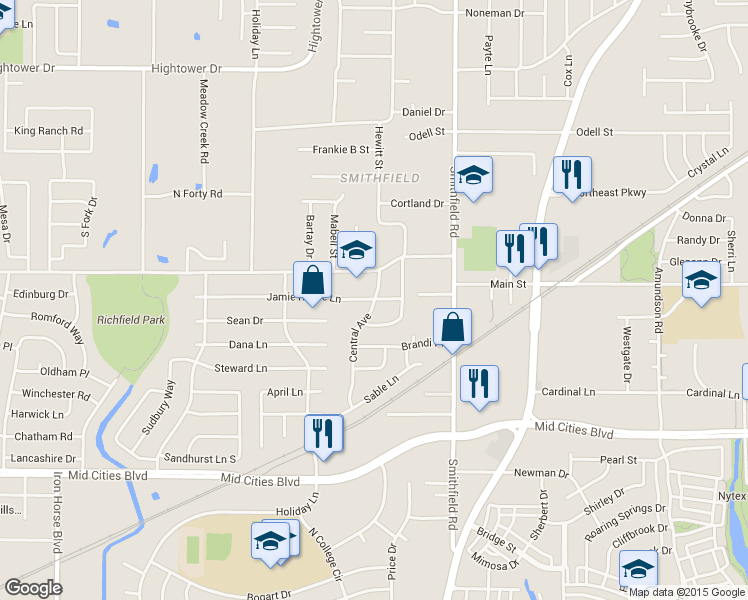 map of restaurants, bars, coffee shops, grocery stores, and more near 7706 Jamie Renee Lane in North Richland Hills