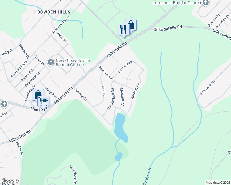 map of restaurants, bars, coffee shops, grocery stores, and more near 3341 Thunderbird Road in Macon