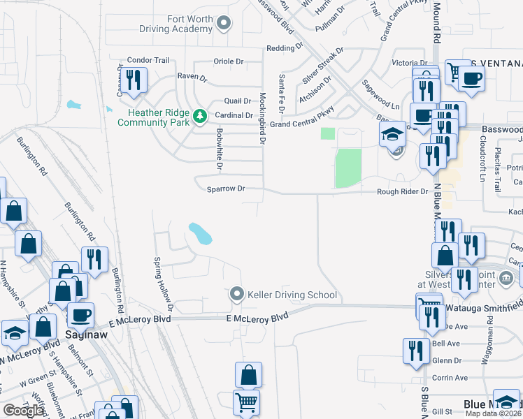 map of restaurants, bars, coffee shops, grocery stores, and more near 713 Pelican Way in Saginaw