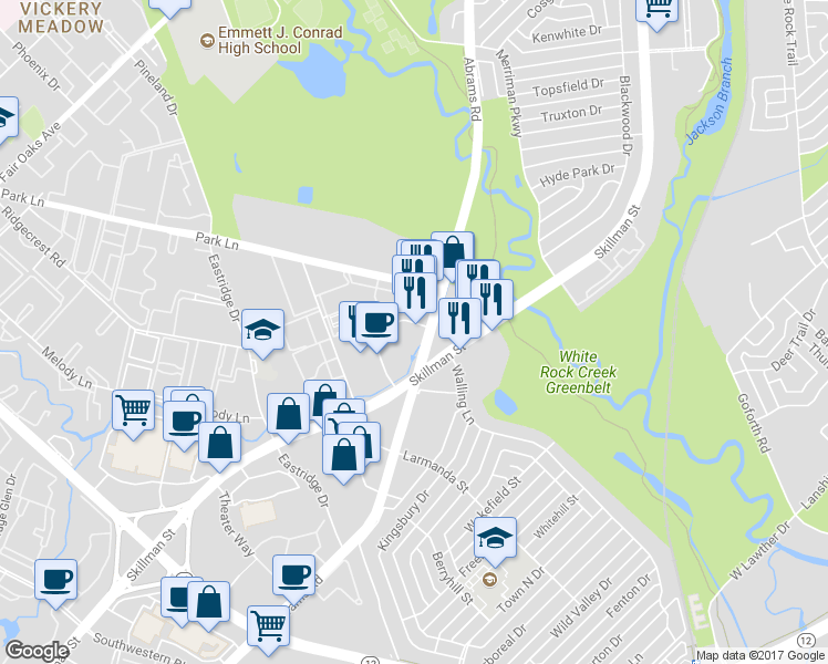 map of restaurants, bars, coffee shops, grocery stores, and more near 6749 Abrams Road in Dallas