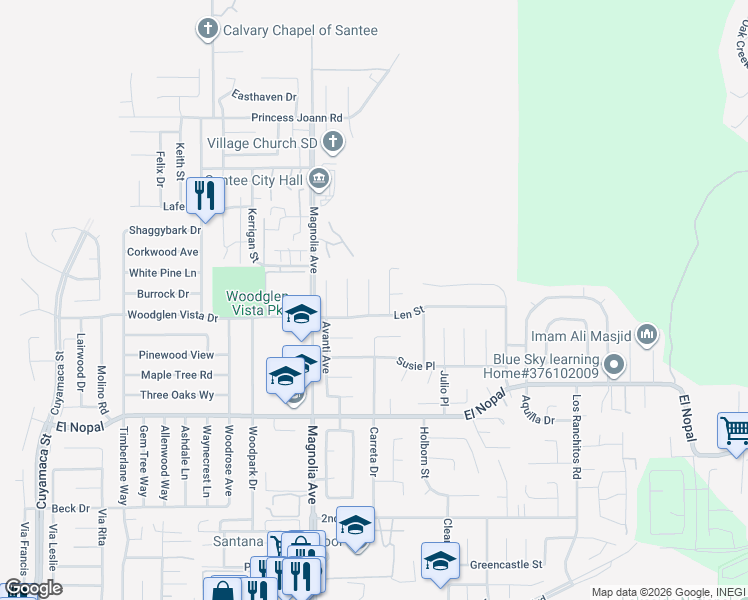 map of restaurants, bars, coffee shops, grocery stores, and more near 10413 Len Way in Santee
