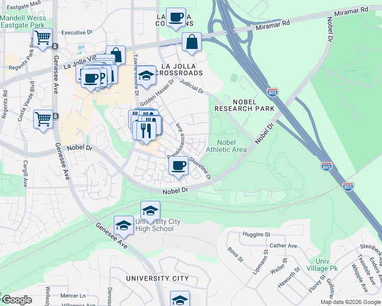 map of restaurants, bars, coffee shops, grocery stores, and more near 5323 Renaissance Avenue in San Diego