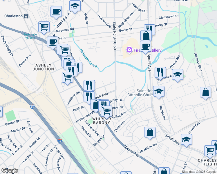 map of restaurants, bars, coffee shops, grocery stores, and more near 1833 Orangeburg Street in North Charleston