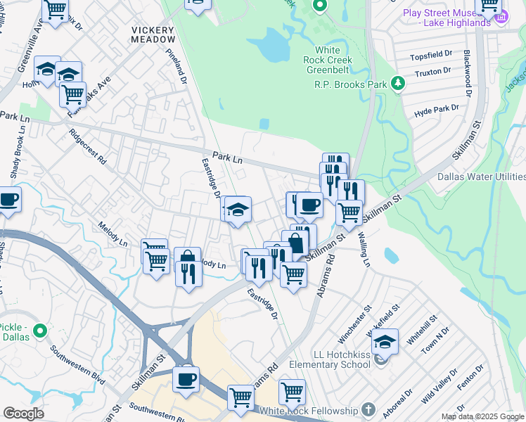 map of restaurants, bars, coffee shops, grocery stores, and more near 6809 Larmanda Street in Dallas