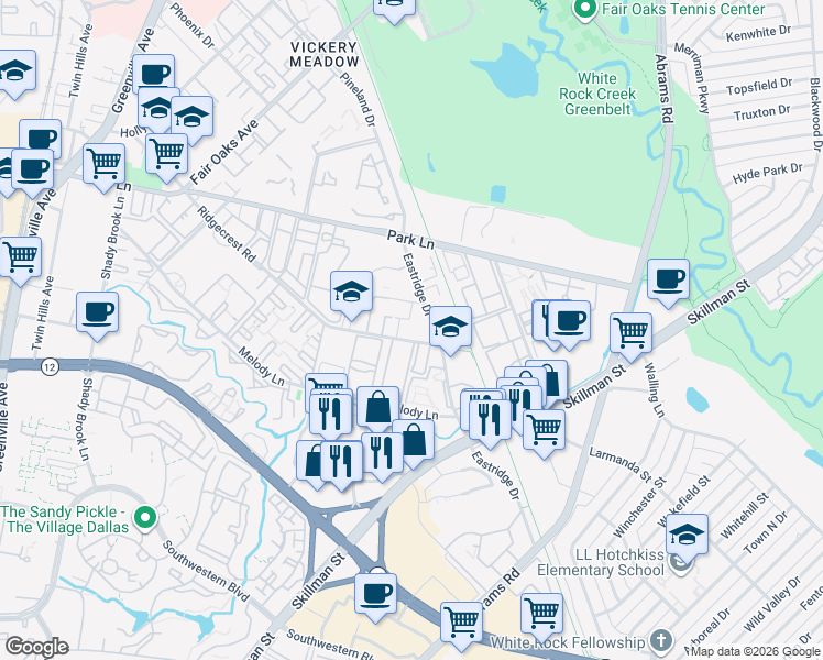 map of restaurants, bars, coffee shops, grocery stores, and more near 6435 Ridgecrest Road in Dallas