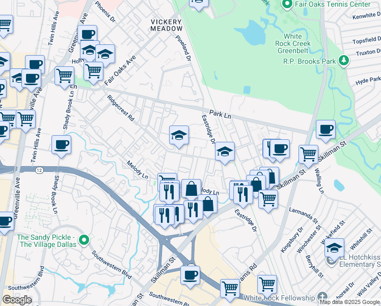map of restaurants, bars, coffee shops, grocery stores, and more near 6417 Ridgecrest Road in Dallas