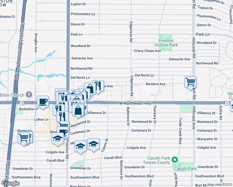 map of restaurants, bars, coffee shops, grocery stores, and more near 6333 Diamond Head Circle in Dallas