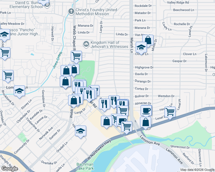 map of restaurants, bars, coffee shops, grocery stores, and more near 3555 Cortez Drive in Dallas