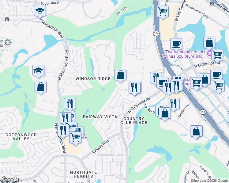 map of restaurants, bars, coffee shops, grocery stores, and more near 4447 Lena Lane in Irving