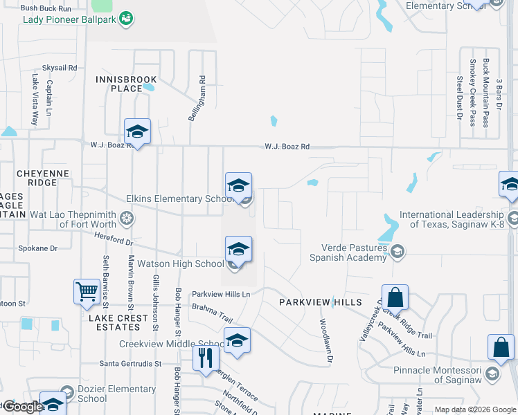 map of restaurants, bars, coffee shops, grocery stores, and more near 7250 Elkins School Road in Saginaw