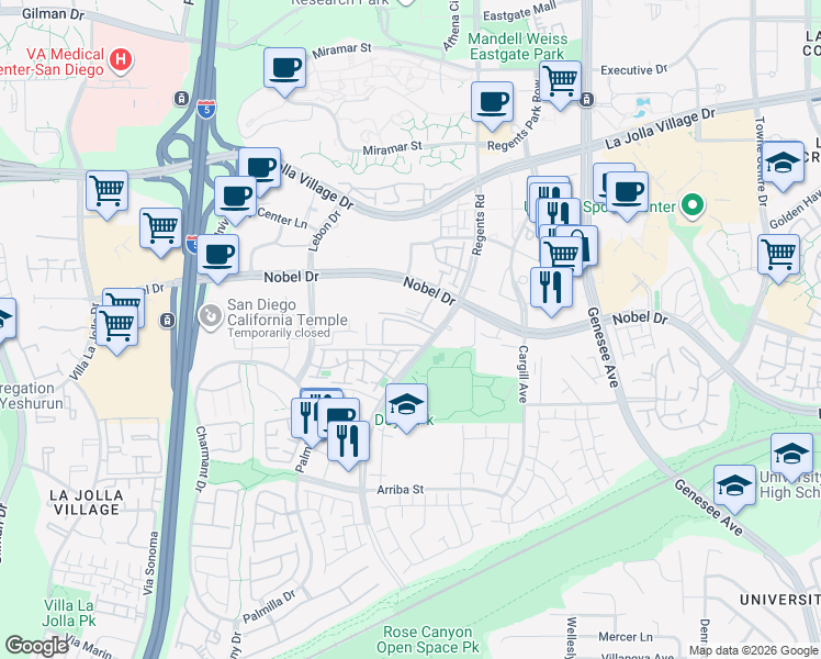 map of restaurants, bars, coffee shops, grocery stores, and more near 8320 Regents Road in San Diego