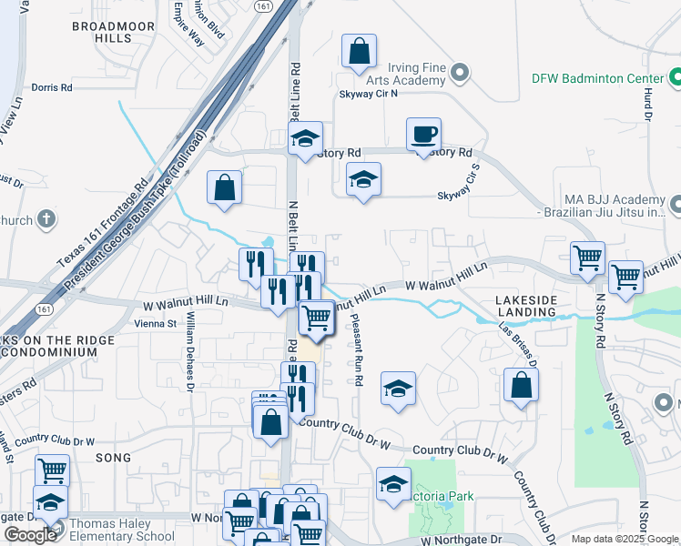 map of restaurants, bars, coffee shops, grocery stores, and more near 3203 West Walnut Hill Lane in Irving