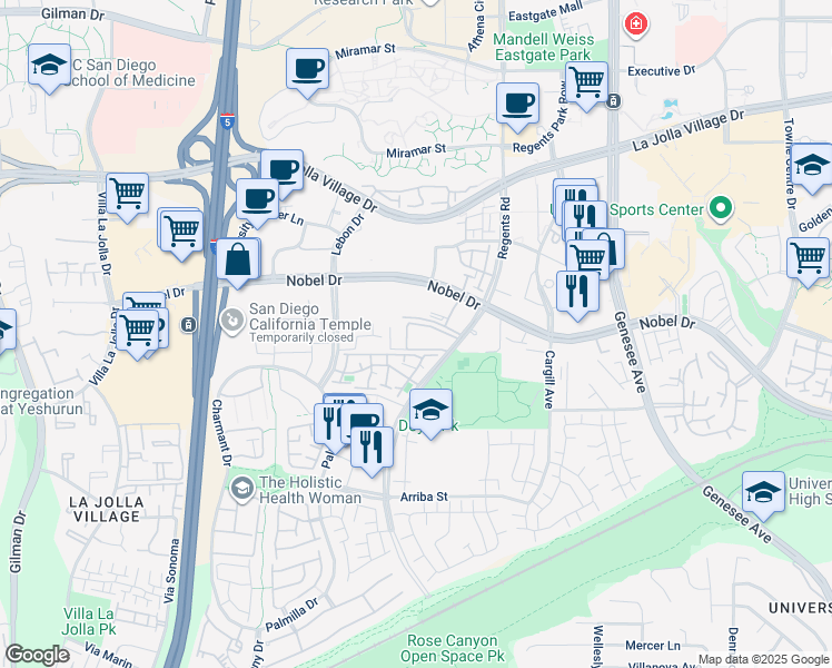 map of restaurants, bars, coffee shops, grocery stores, and more near 8324 Regents Road in San Diego